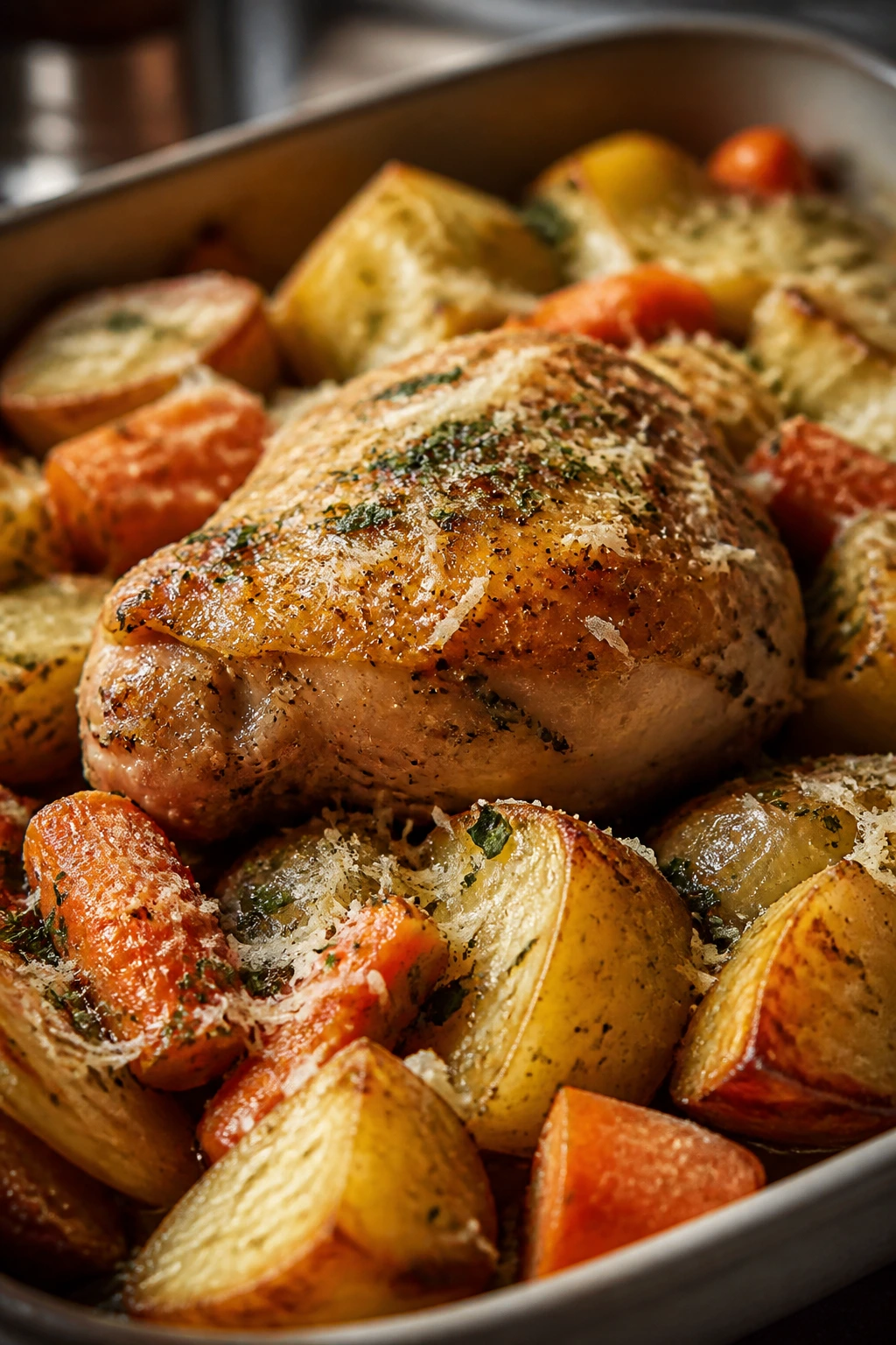 Parmesan-topped vegetables with roasted chicken
