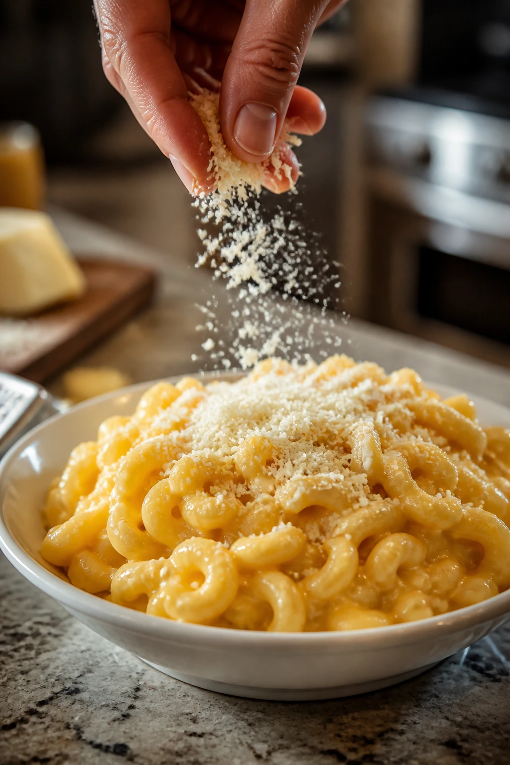 Hand sprinkling parmesan on macaroni and cheese plate.