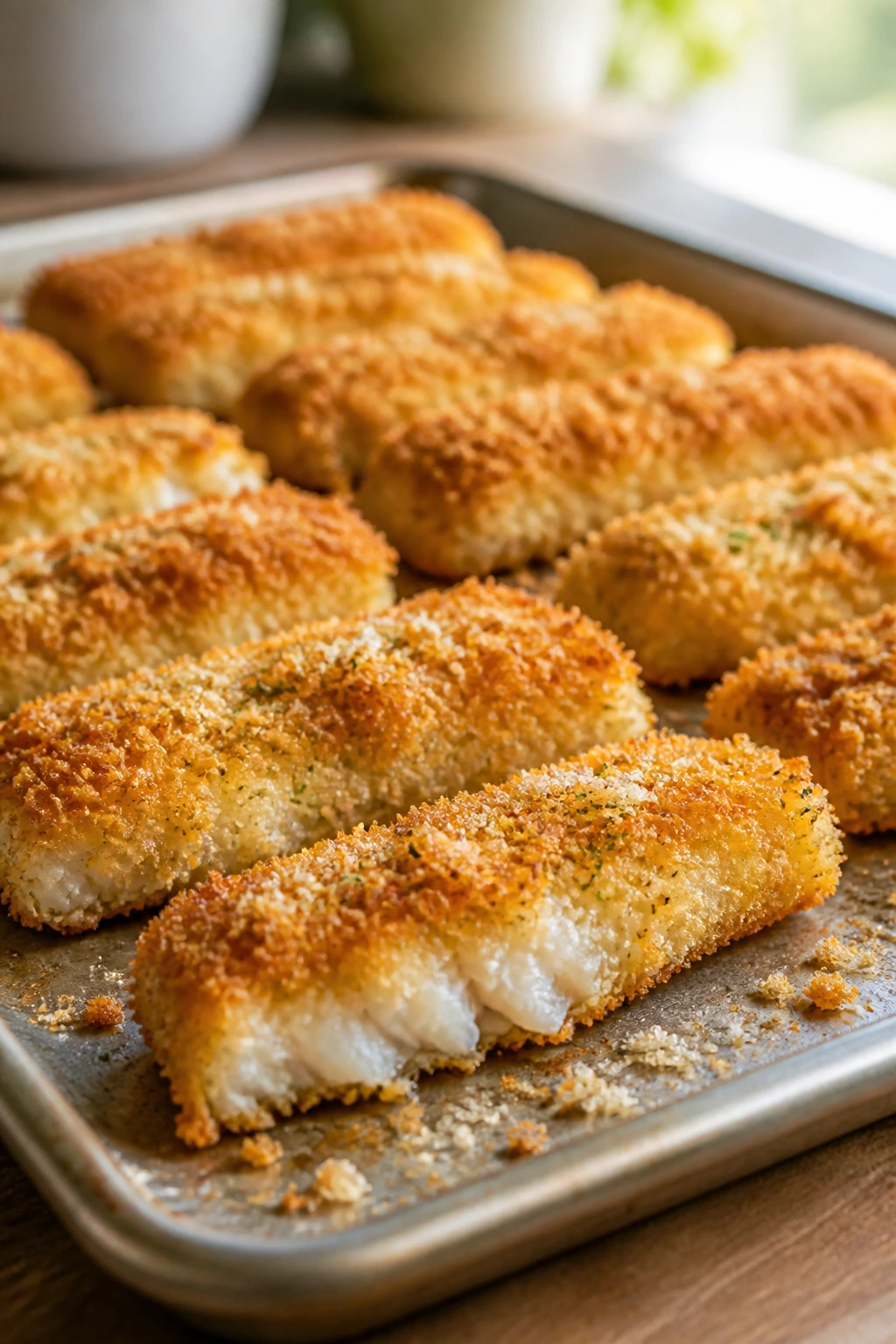 Crispy parmesan fish sticks on a baking sheet