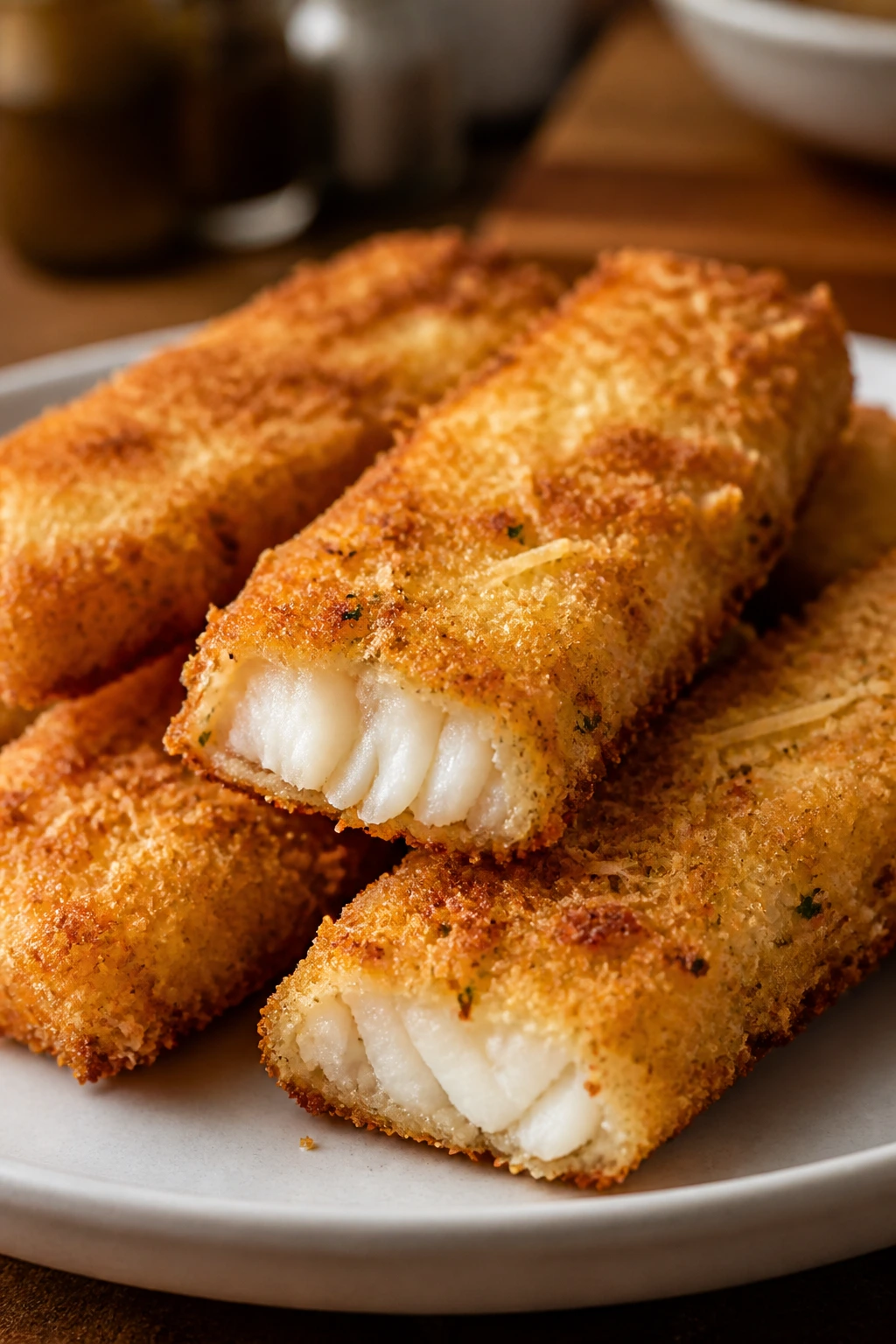 Crispy Parmesan-coated fish sticks on a plate