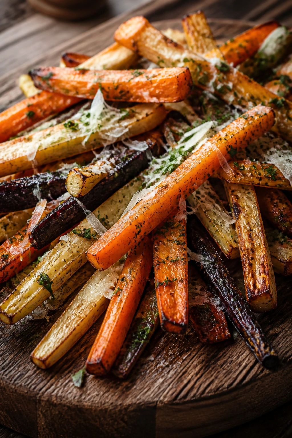 Parmesan-parsley veggie fries on a wooden board