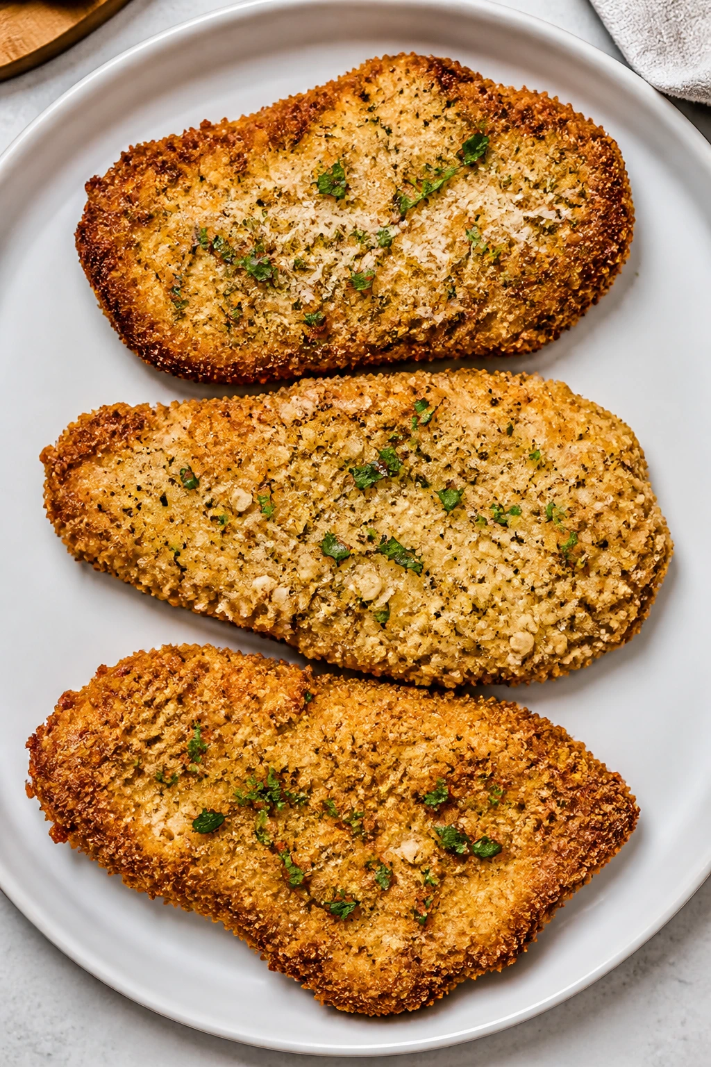 Plate of three chicken cutlets with different crust variations