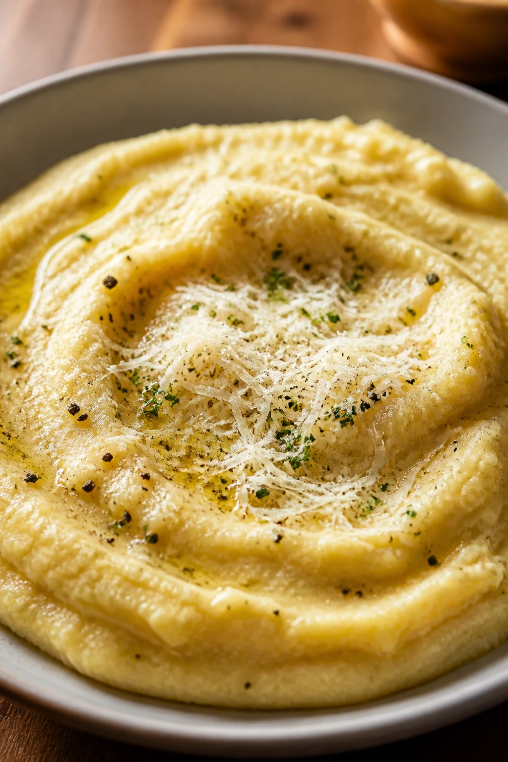 Close-up of Parmesan herb polenta with herbs