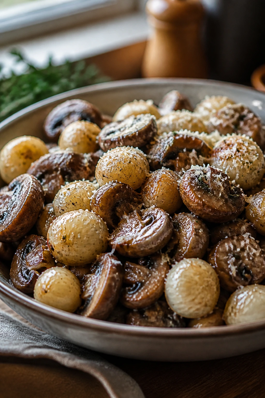 Mushrooms and pearl onions with Parmesan in a warm dish.
