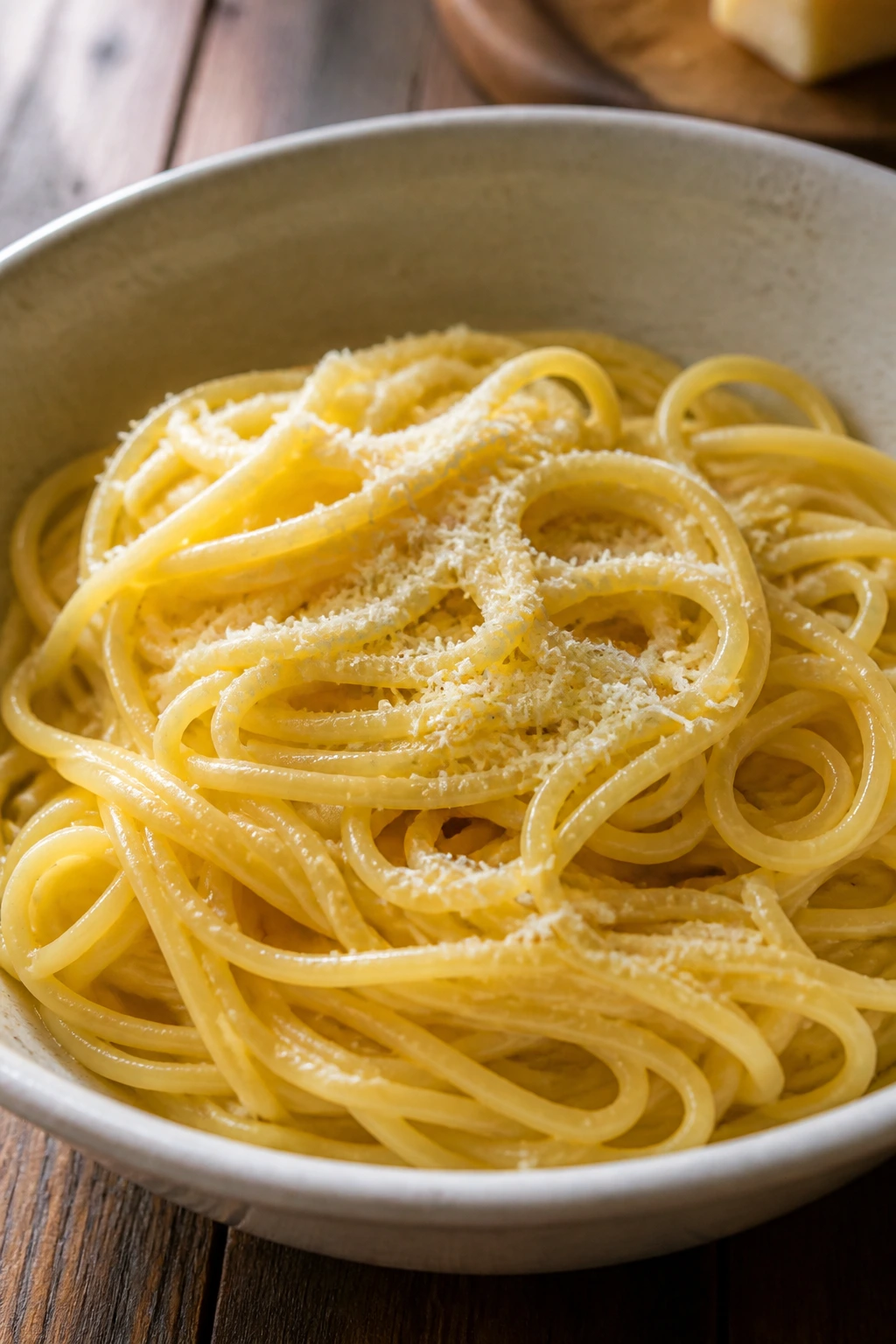 Glossy buttered parmesan noodles in a shallow bowl