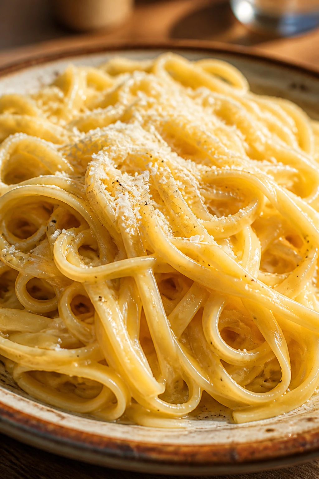 Close-up of parmesan butter noodles on a plate in a warm kitchen setting