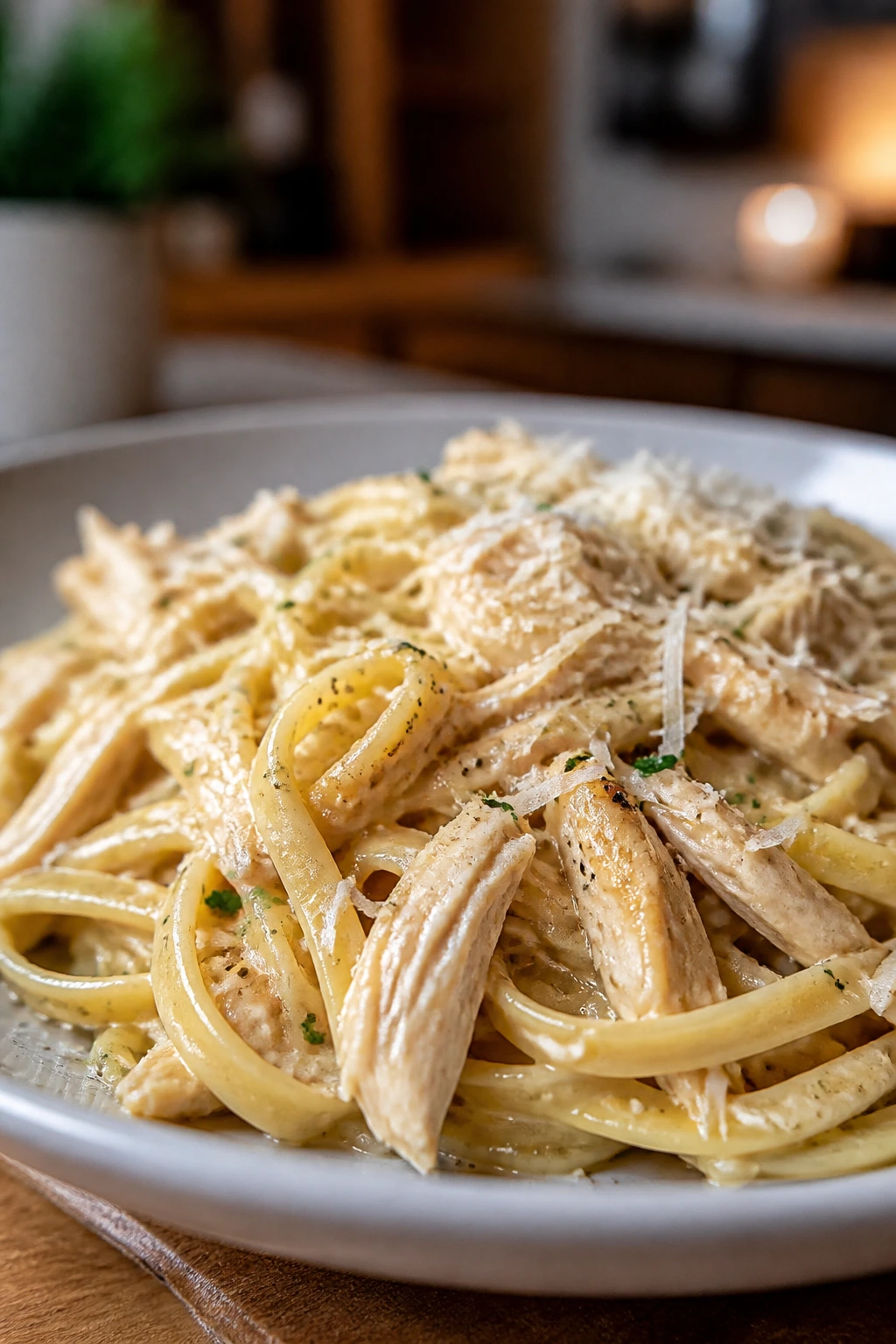 Plate of glossy buttered parmesan noodles with shredded chicken