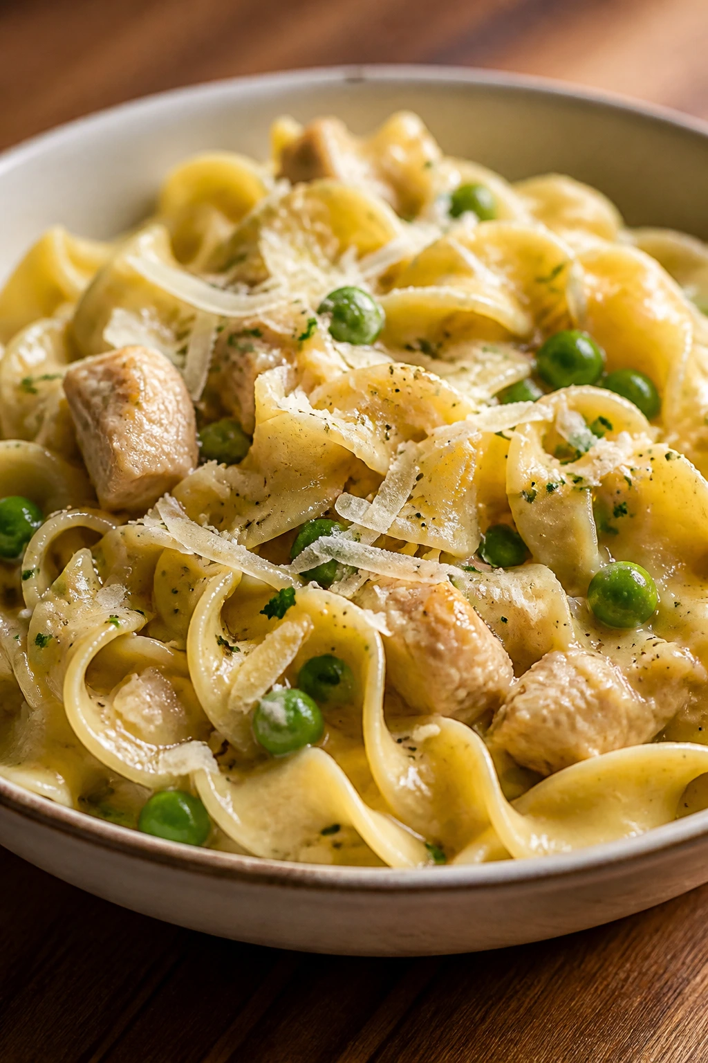 Glossy buttery parmesan noodles with chicken and peas in a bowl