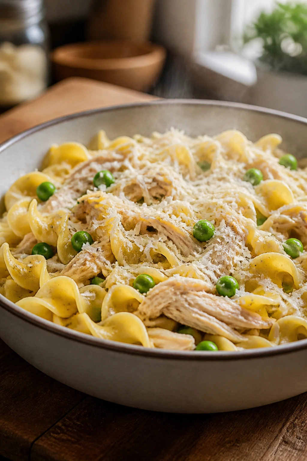 Close-up of Parmesan Chicken Noodle Bowls with noodles, chicken, peas, and Parmesan in a warm kitchen