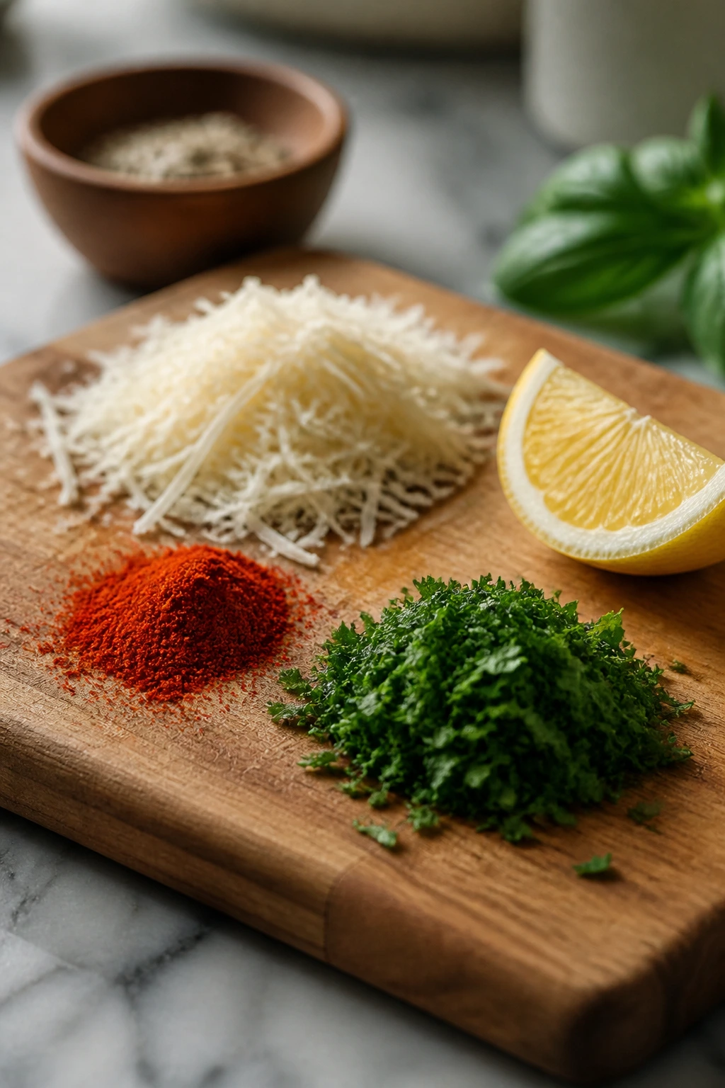 Cutting board with Parmesan, paprika, herbs, and lemon for flavor boosts.