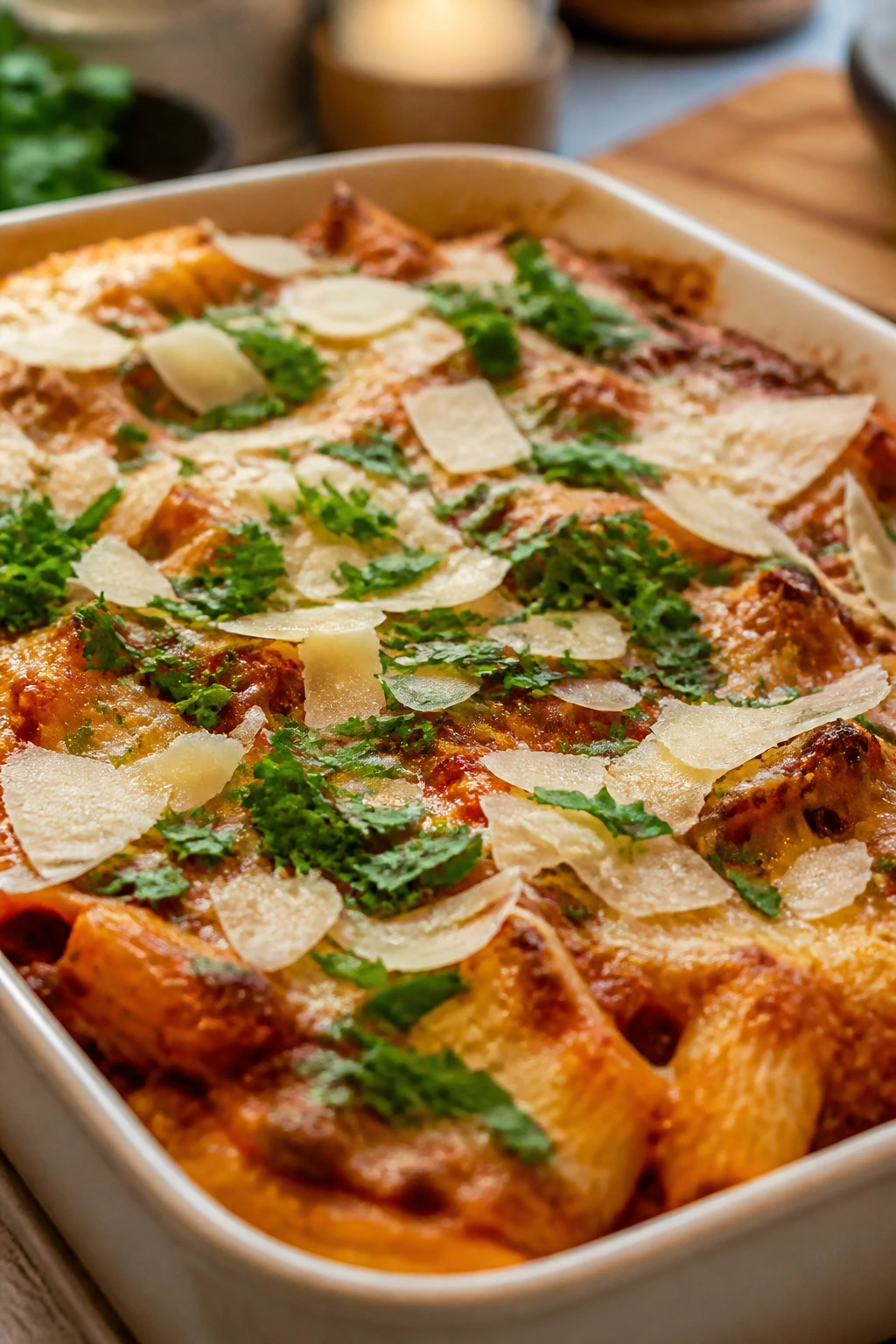 Finished casserole topped with parmesan and parsley