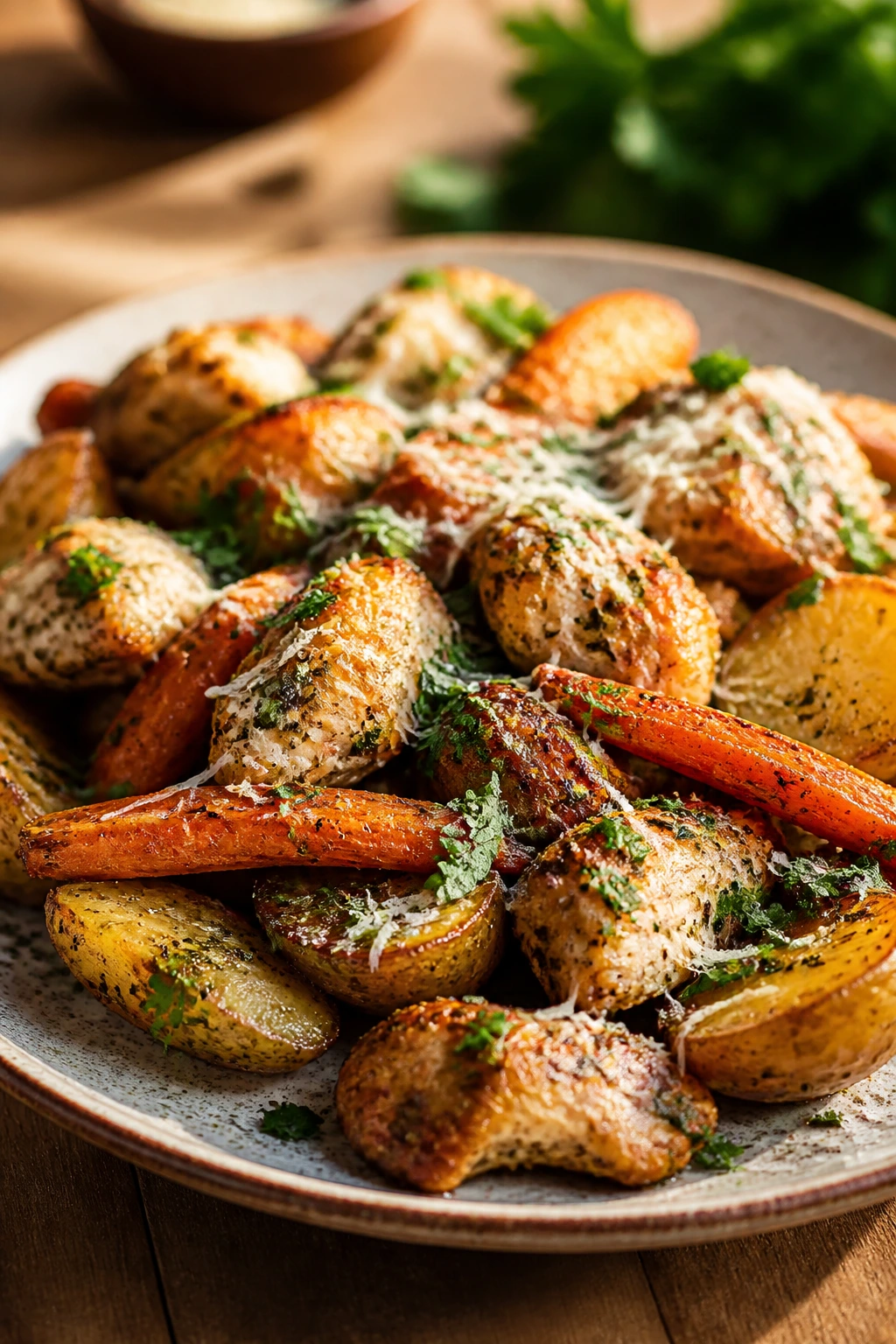 Close-up of roasted vegetables with Parmesan and parsley finish.