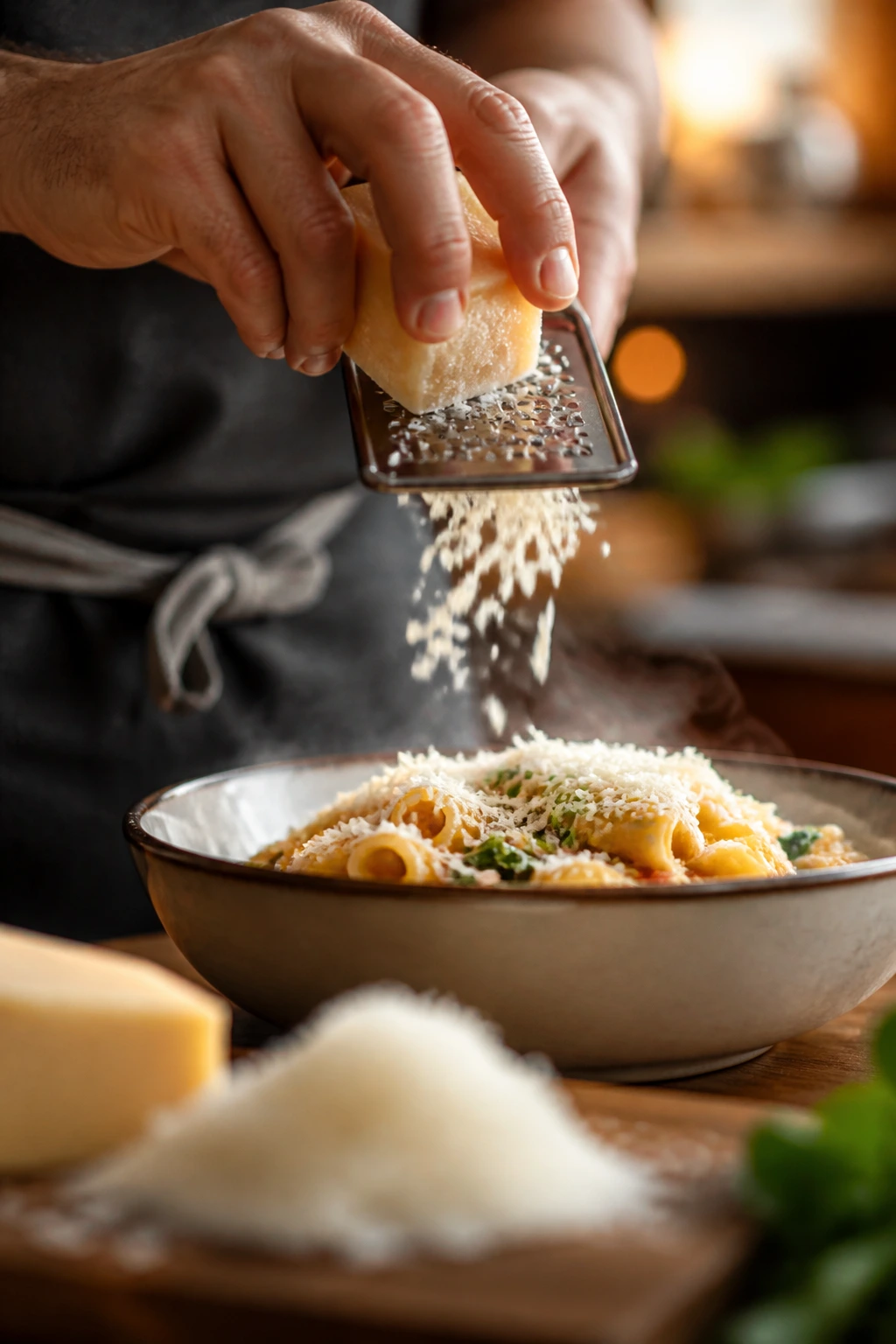 Hand grating parmesan over pasta in a warm kitchen