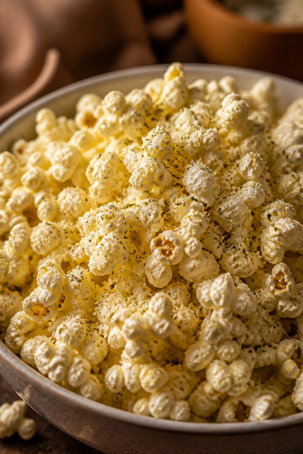 Popcorn tossed with parmesan and ranch seasoning in a bowl