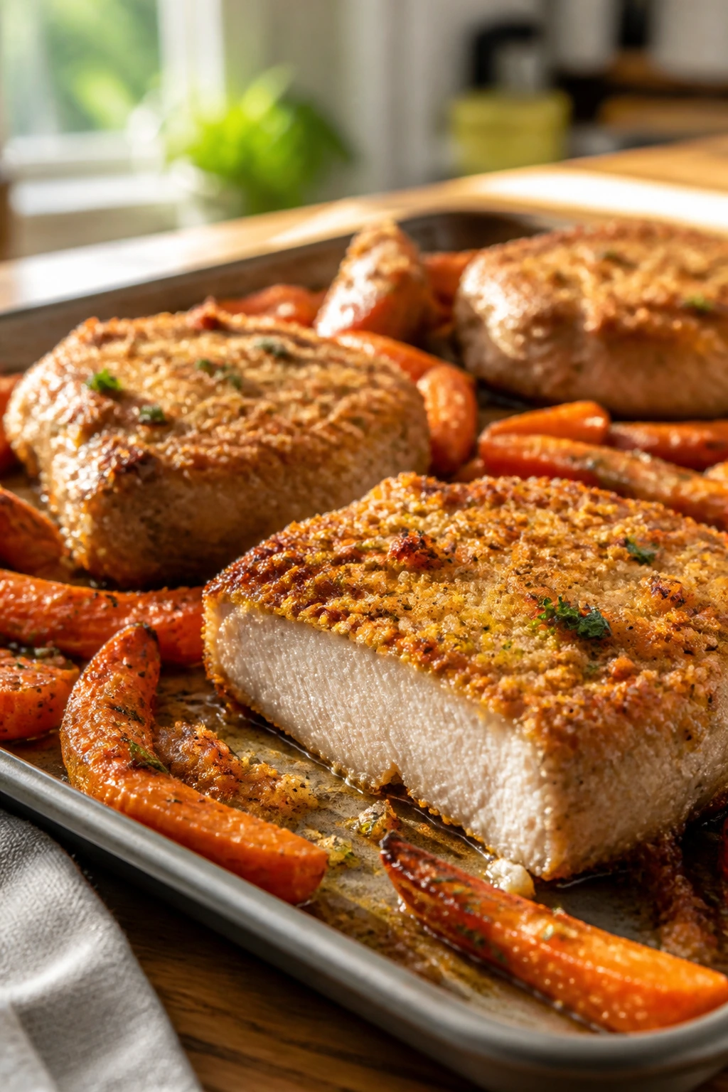 Parmesan crusted pork chops with roasted carrots on a pan