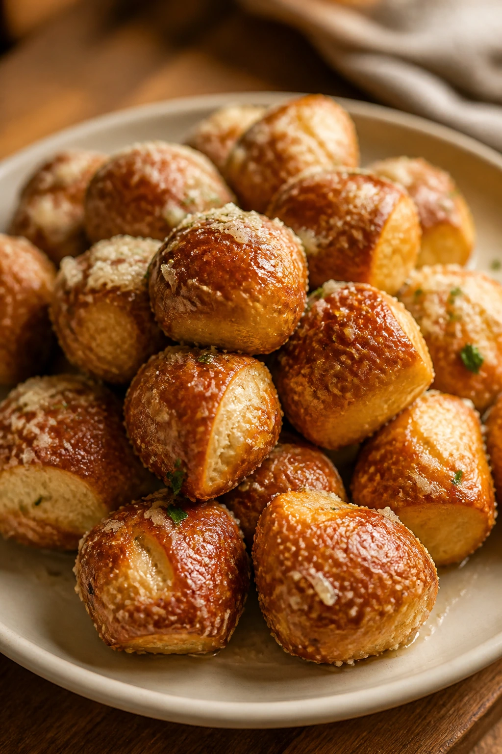 Close-up of parmesan pretzel bites on a plate with a warm kitchen backdrop