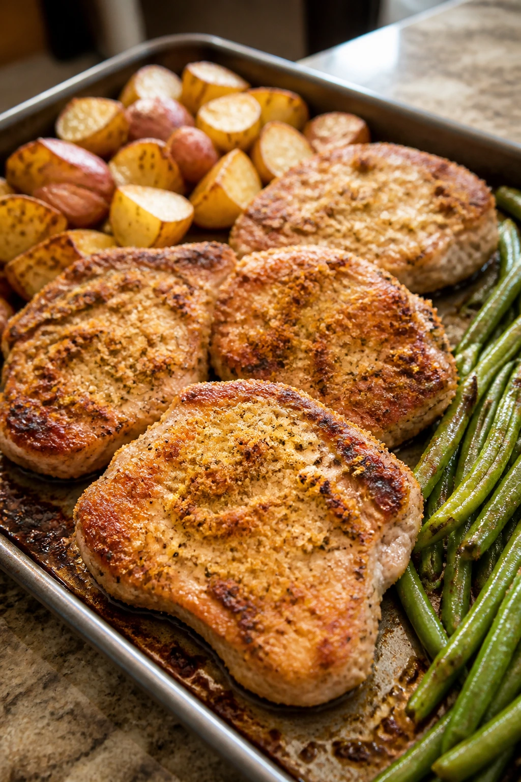 Parmesan crusted pork chop with green beans on a plate in a kitchen setting