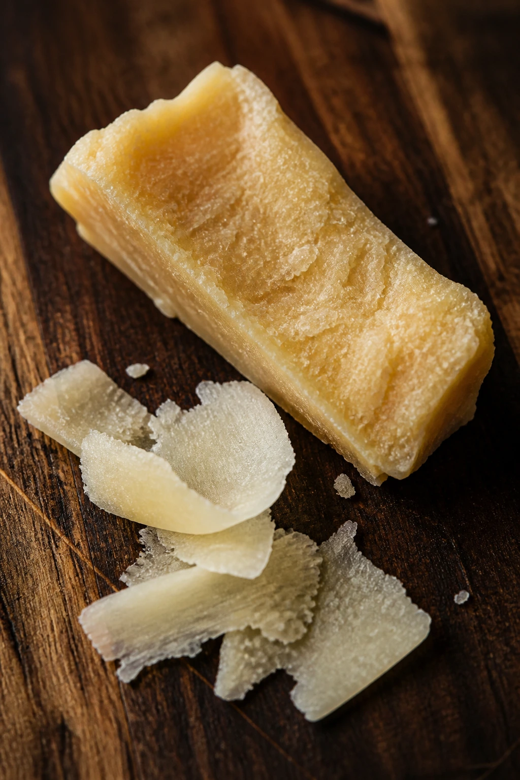 Parmesan rind with cheese shavings on a wooden board, representing flavor boosters.