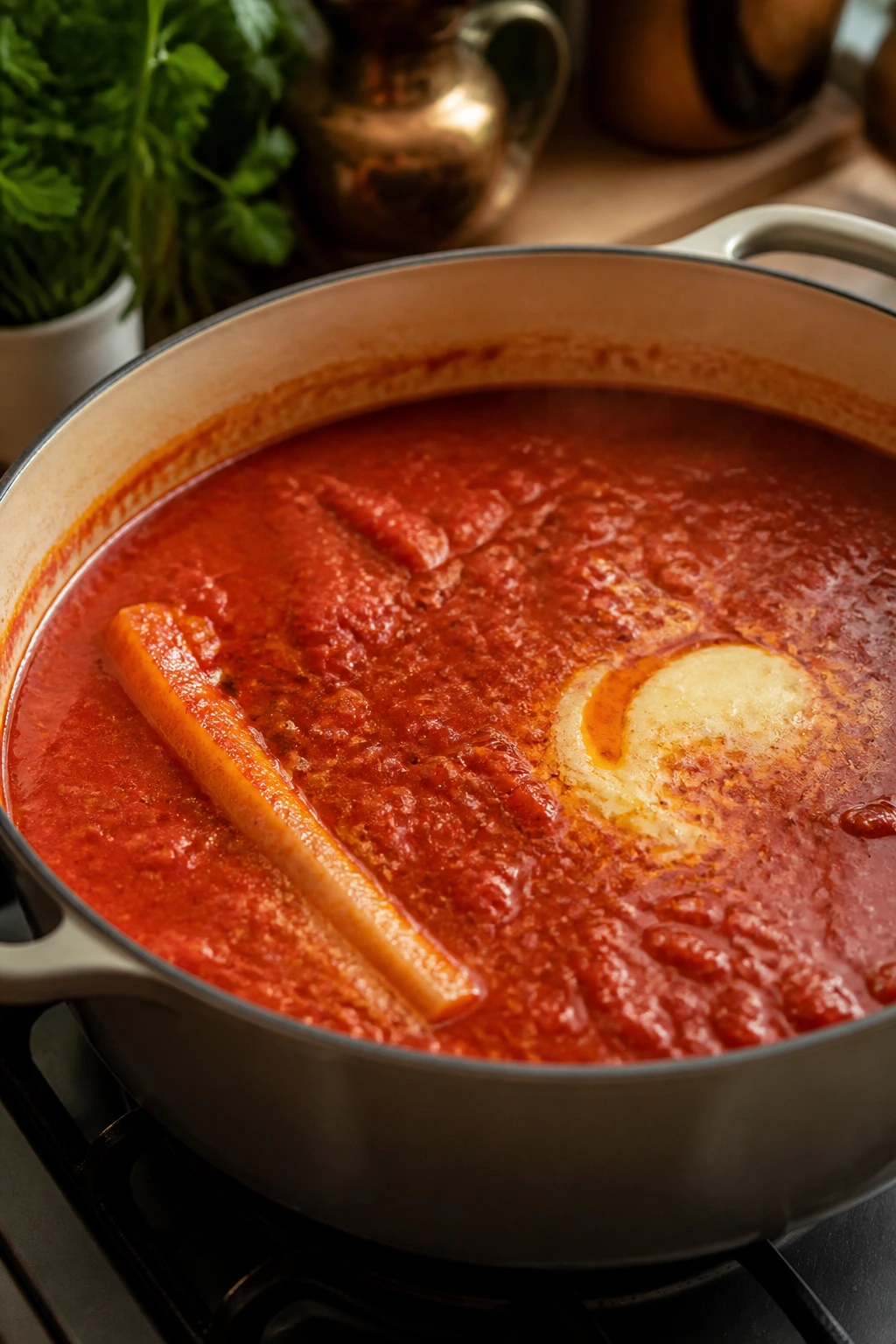Tomato sauce in a Dutch oven with Parmesan rind and butter melting