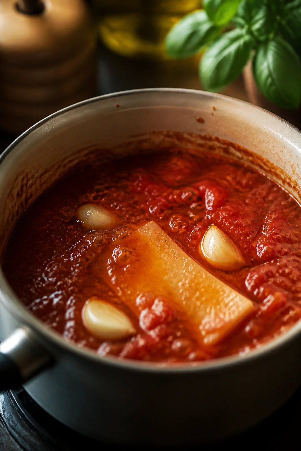 Sauce pot with Parmesan rind simmering in sauce