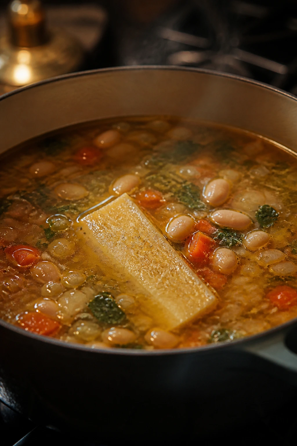 Parmesan rind in a simmering pot of soup on a cozy stove