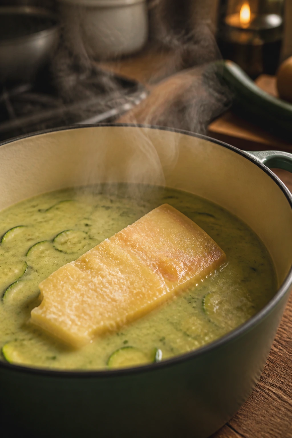 Close-up of Parmesan rind simmering in creamy zucchini soup