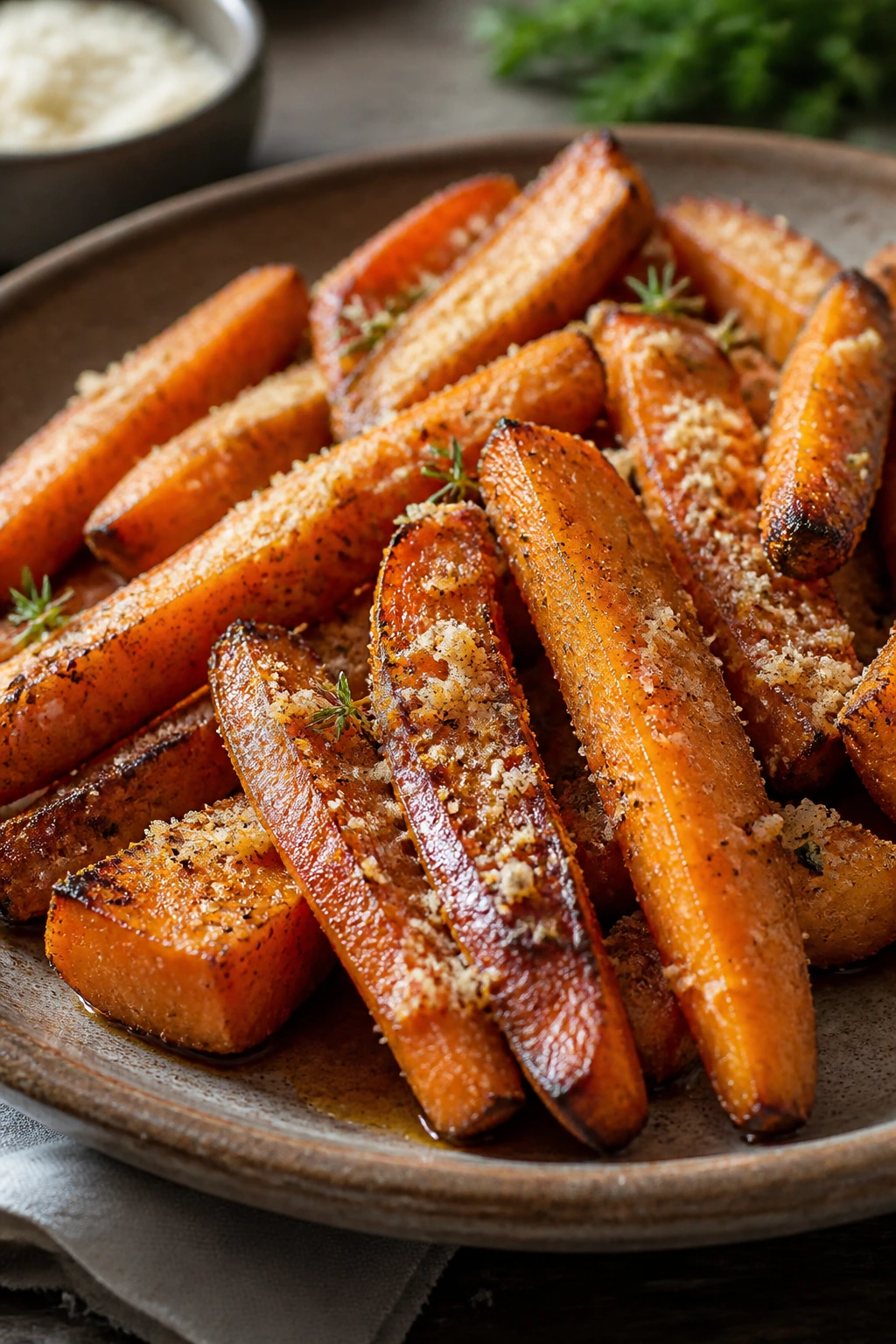 Close-up of parmesan crusted roasted carrot sticks on a rustic plate