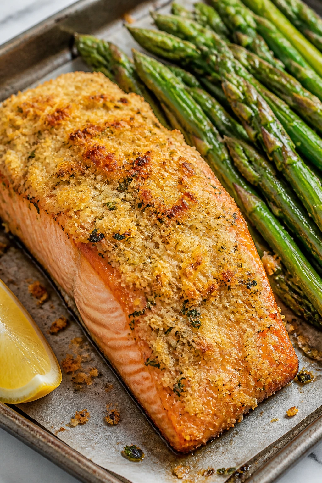 Parmesan-crusted salmon with asparagus on plate
