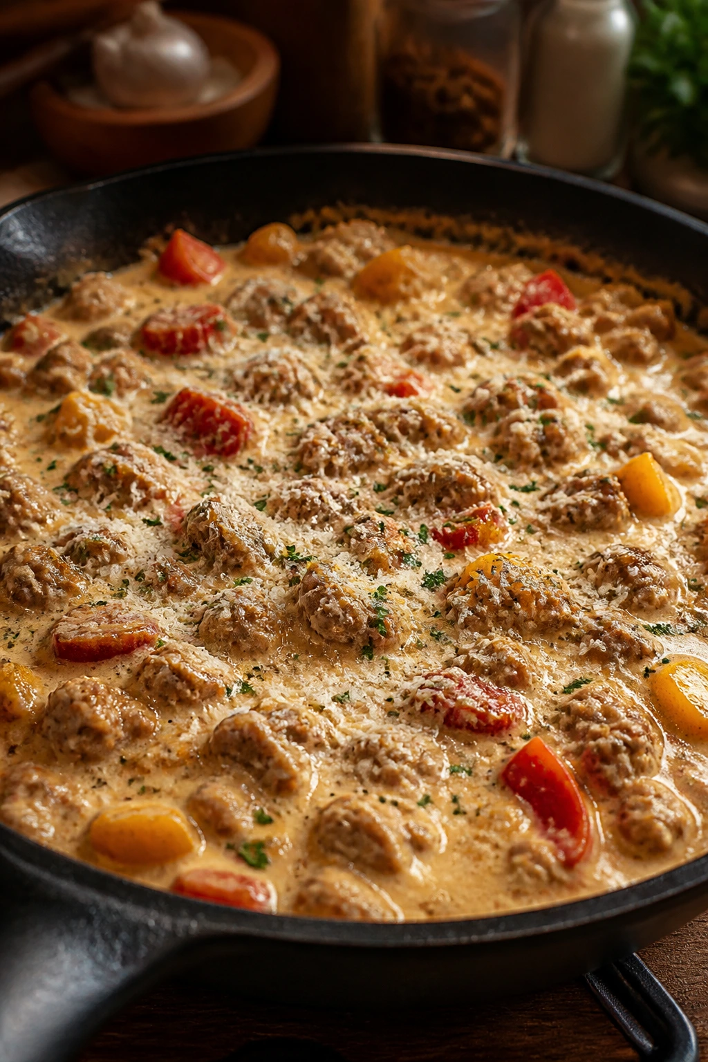 Creamy parmesan finish on turkey skillet in a skillet