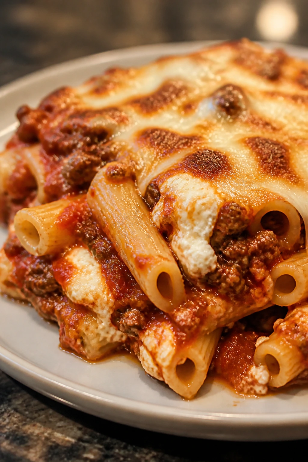 Beef sausage parmesan ziti close-up on plate
