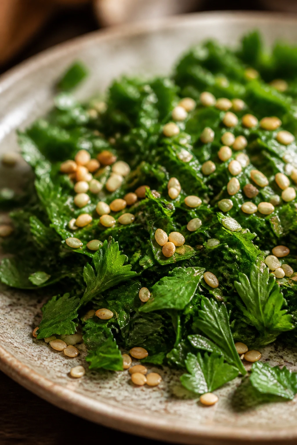 Parsley and sesame garnish on plate