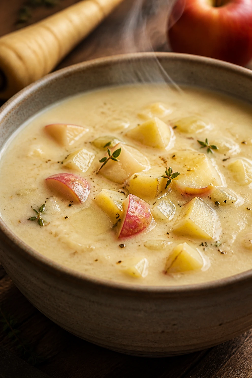 Creamy parsnip and apple chowder in a rustic bowl with parsnip and apple pieces, warm kitchen light