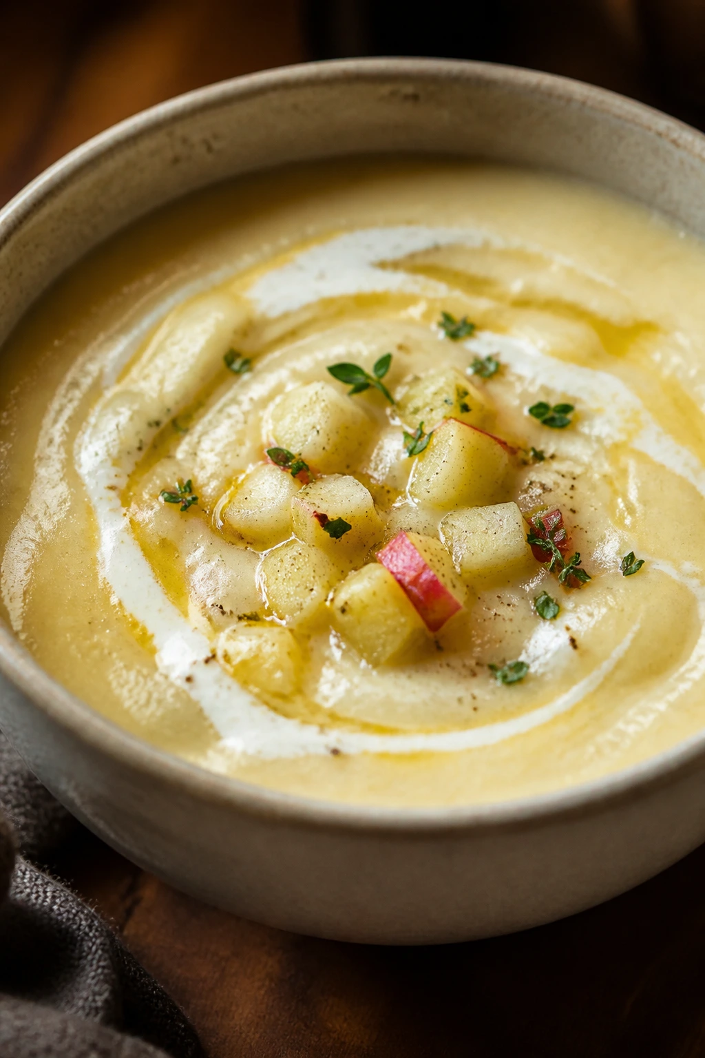 Close-up of parsnip and apple soup in a bowl with a cream swirl on a wooden table.