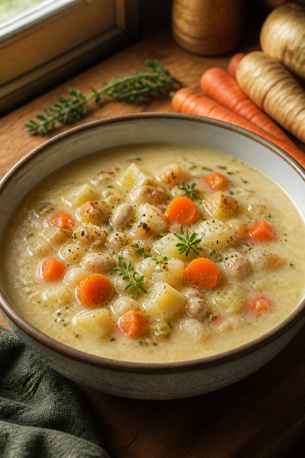 Close-up of parsnip and carrot chowder in a bowl with parsley garnish.