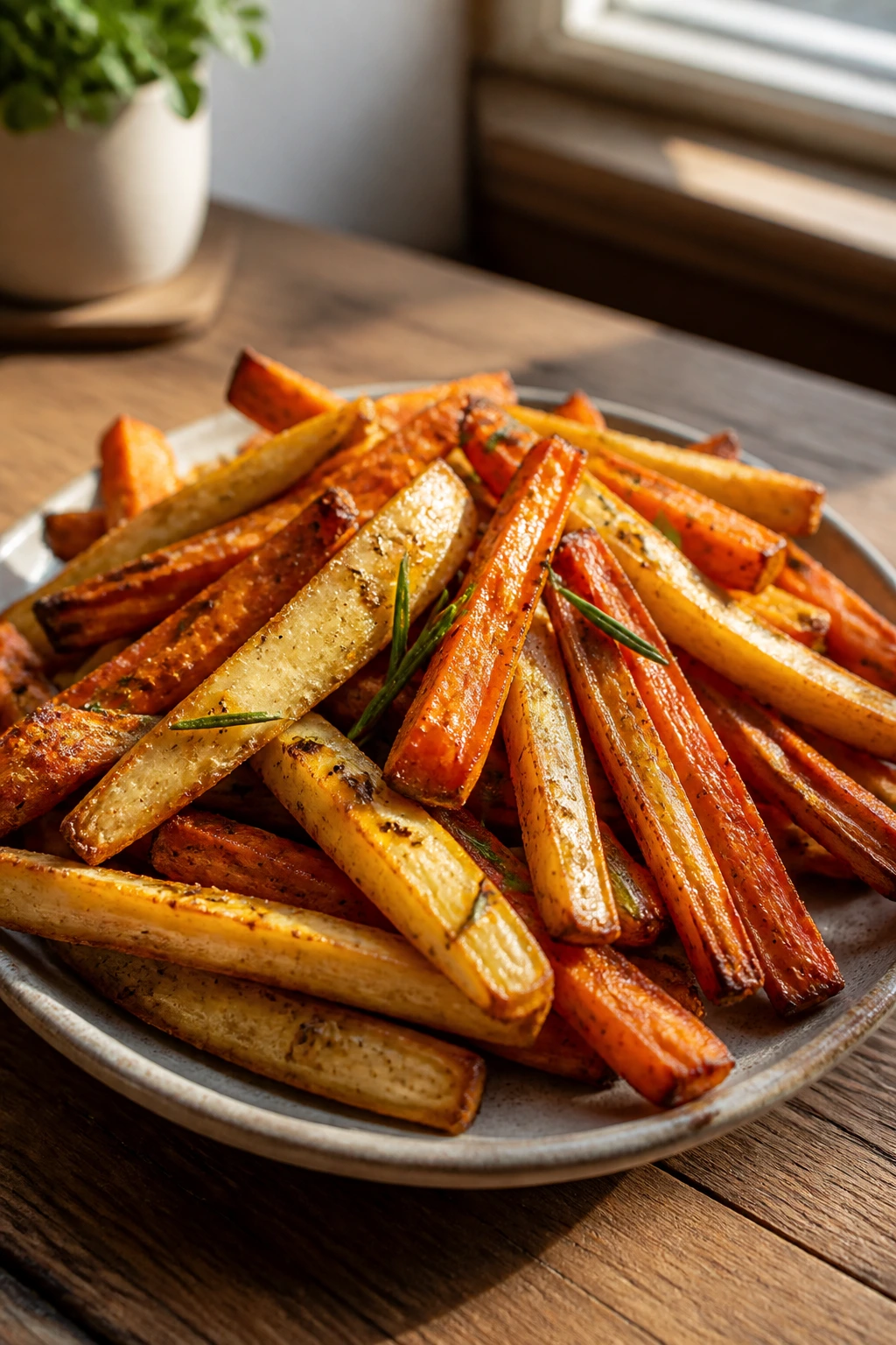 Close-up of Herbed Parsnip and Carrot Fries on a plate