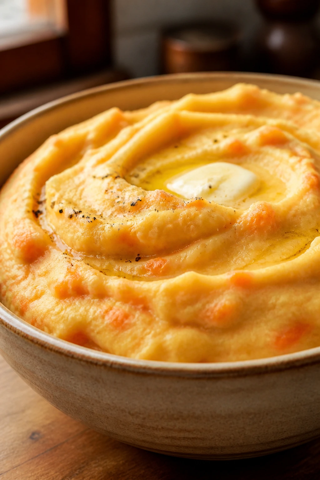 Close-up of parsnip and carrot mash in a rustic bowl on a wooden counter