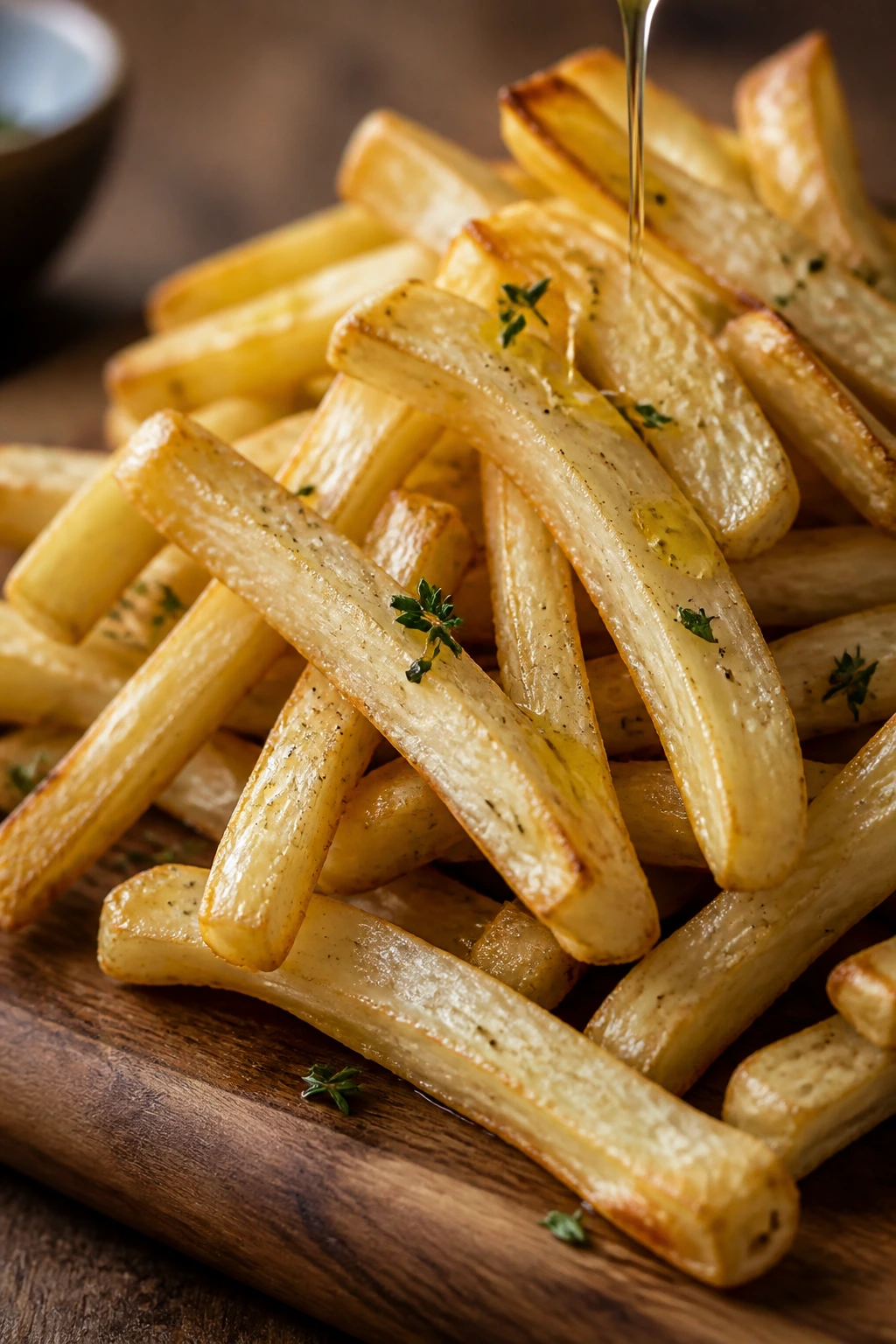Parsnip fries with olive oil sheen on wooden board.