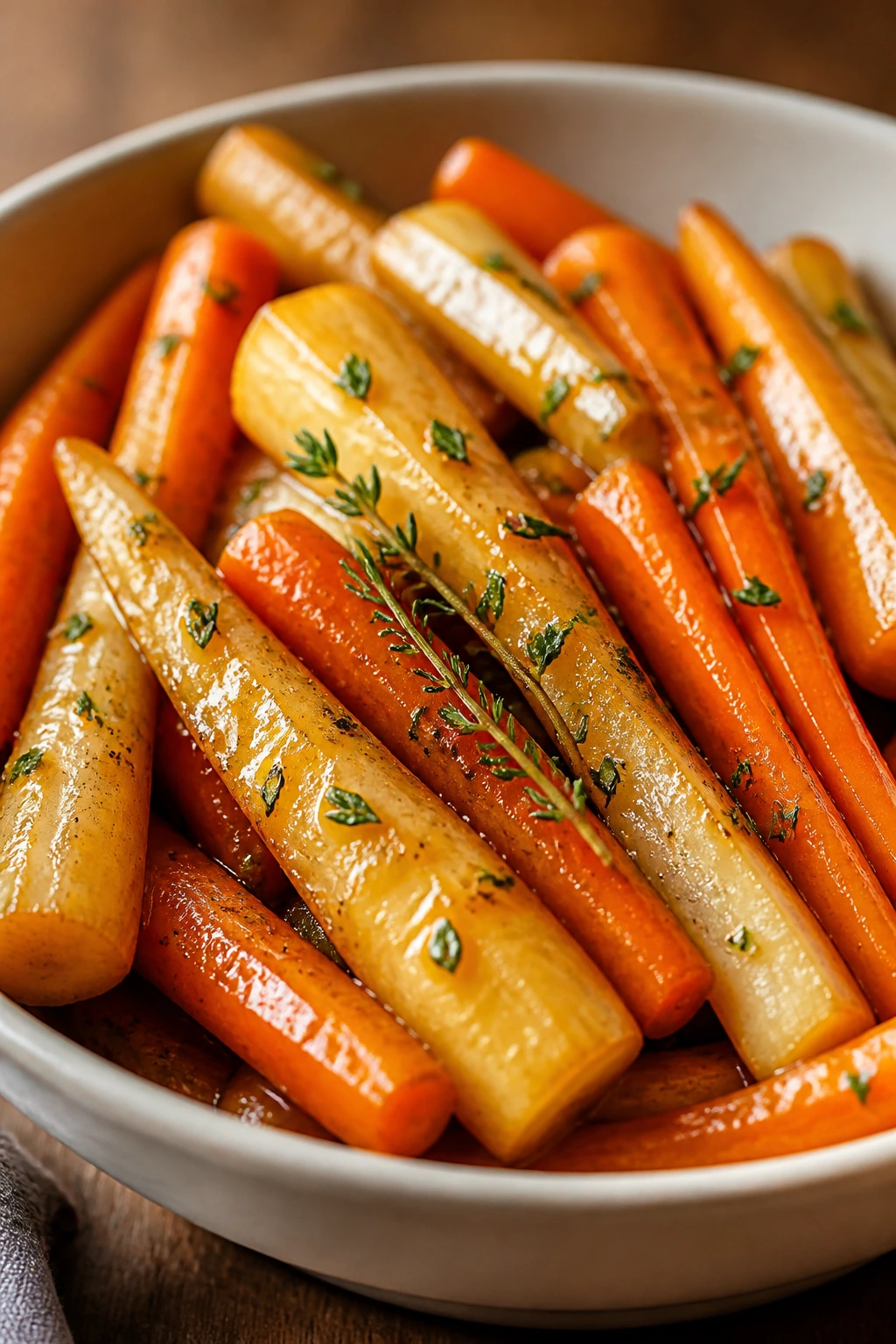 Parsnips and carrots with thyme glazed and arranged on a dish in a kitchen