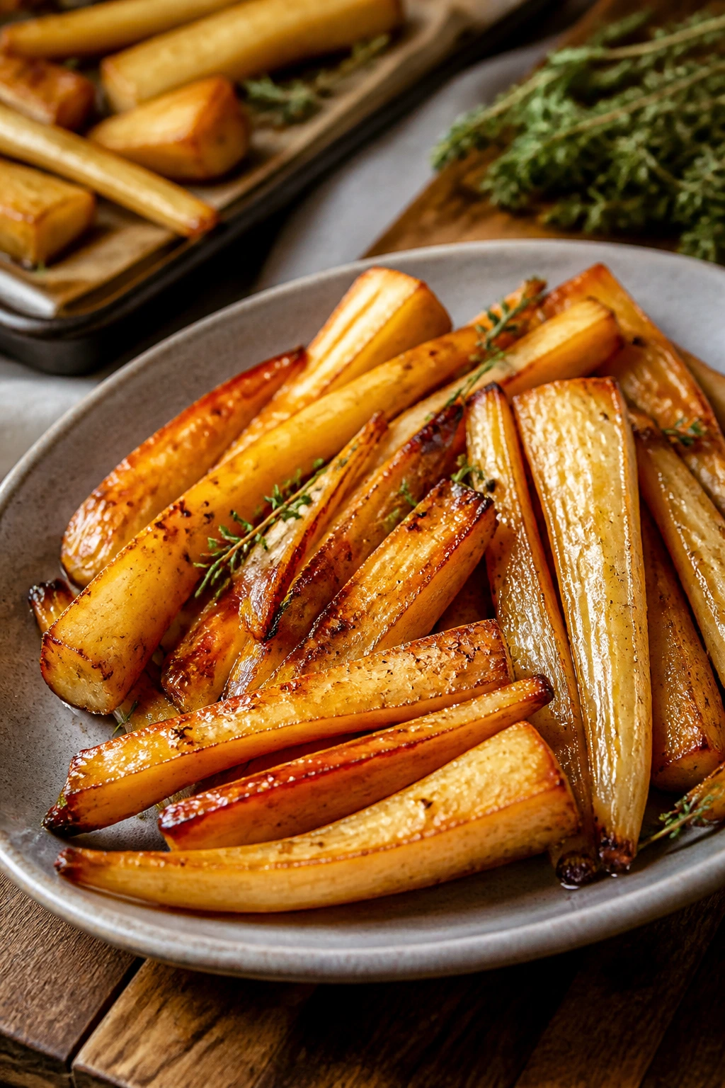 Close-up maple glazed parsnips on a warm platter with thyme