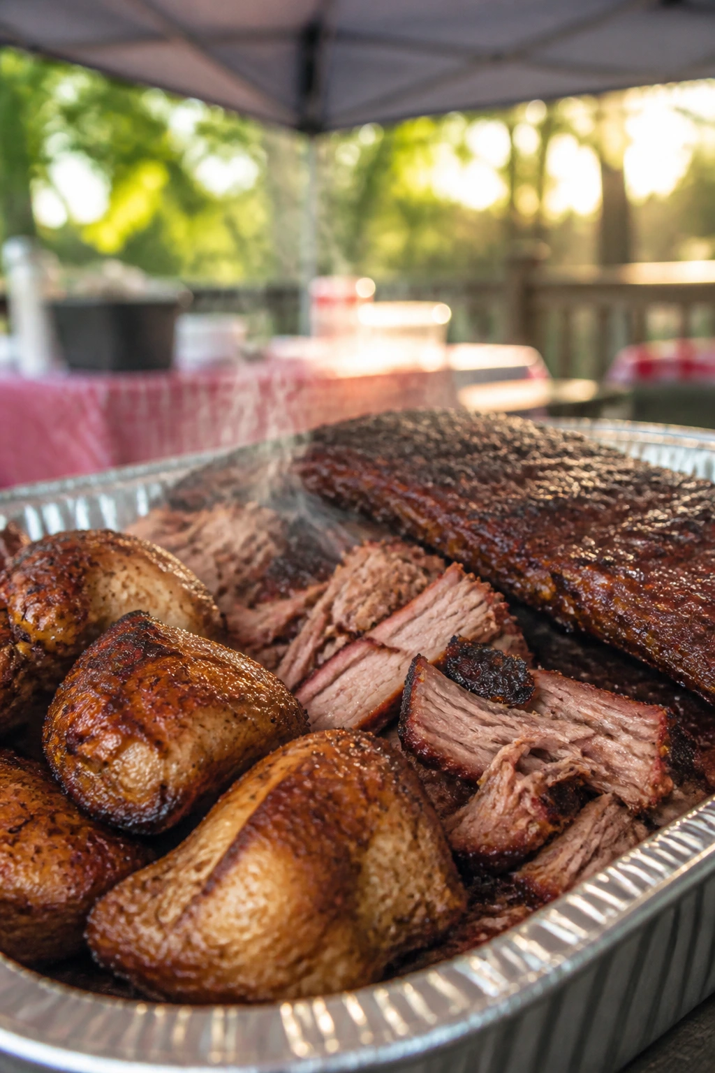 Meats on a foil tray: chicken thighs, pork shoulder, and ribs.