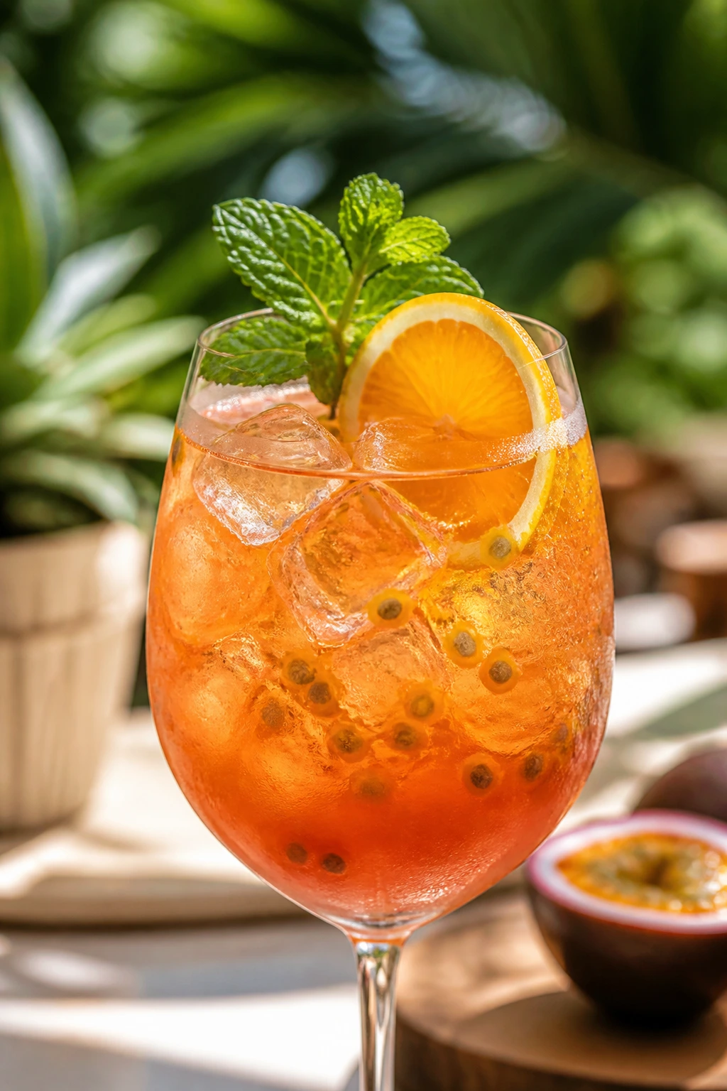 Close-up of Passion Fruit Aperol Spritz in a stemmed glass with orange wheel and mint on a sunny brunch patio