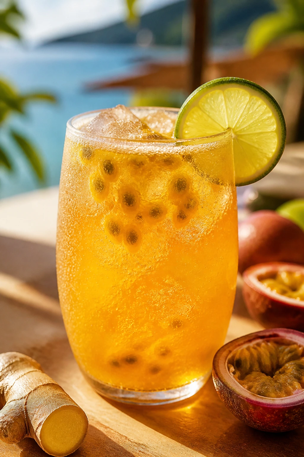 Close-up of a passion fruit ginger fizz in a glass with lime wheel