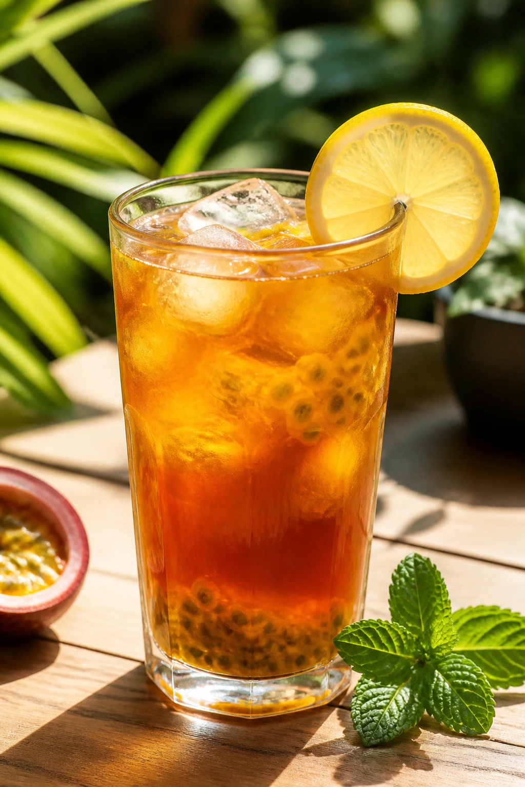 Close-up of passion fruit iced tea with lemon and mint on a sunlit patio