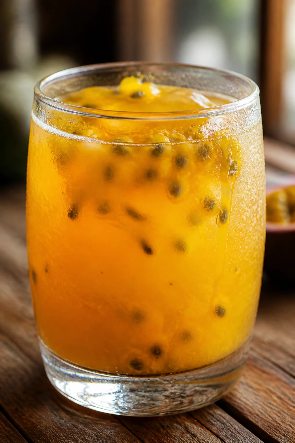 Close-up of a glass of passion fruit juice on a rustic wooden table with condensation