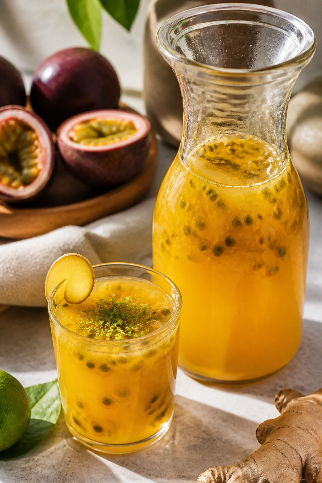 Carafe and glass of passion fruit juice with lime zest and ginger in a sunlit kitchen