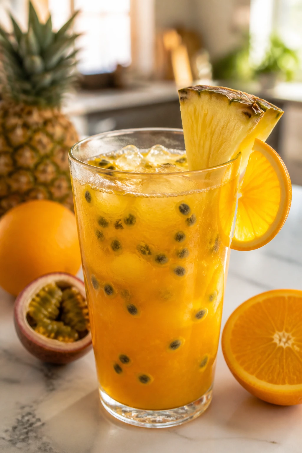 Close-up of passion fruit juice with hints of pineapple and orange tones