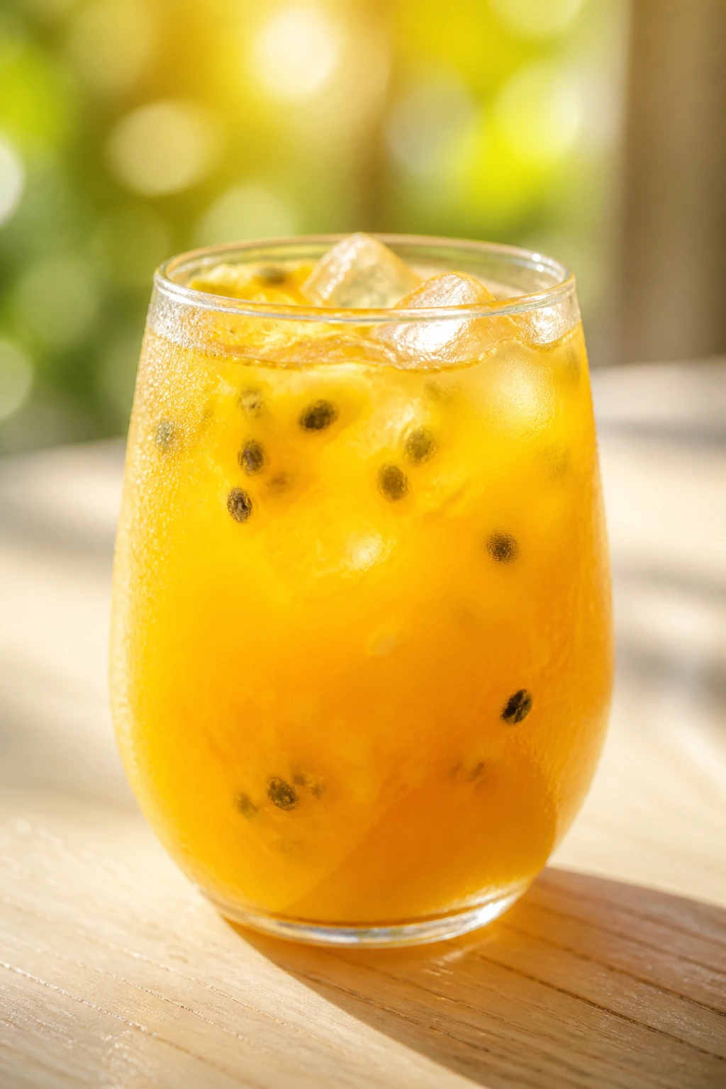 Glass of passion fruit juice on a sunlit wooden surface with tropical vibe