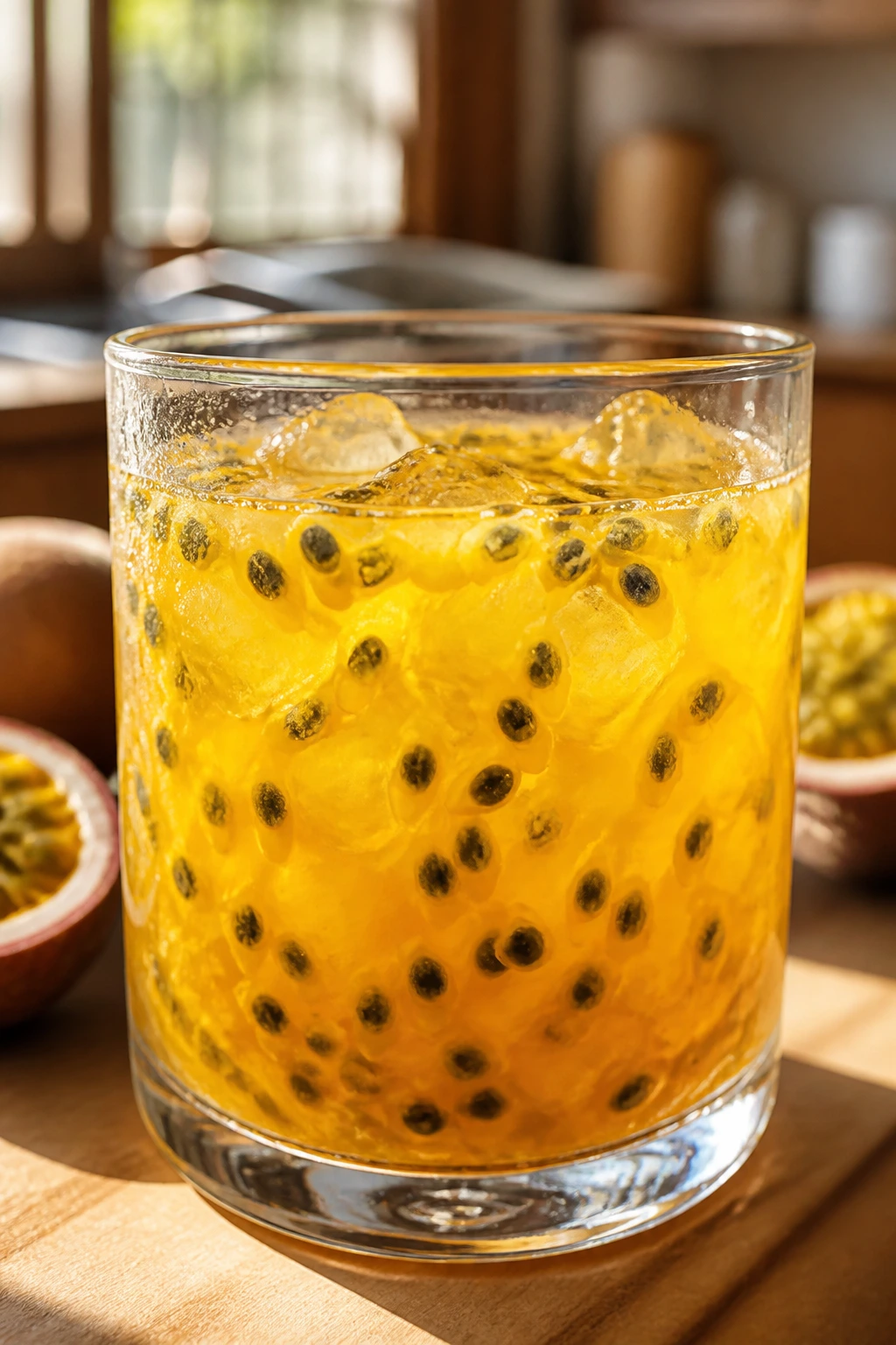 Close-up of vibrant passion fruit juice with seeds in a glass on a warm kitchen surface