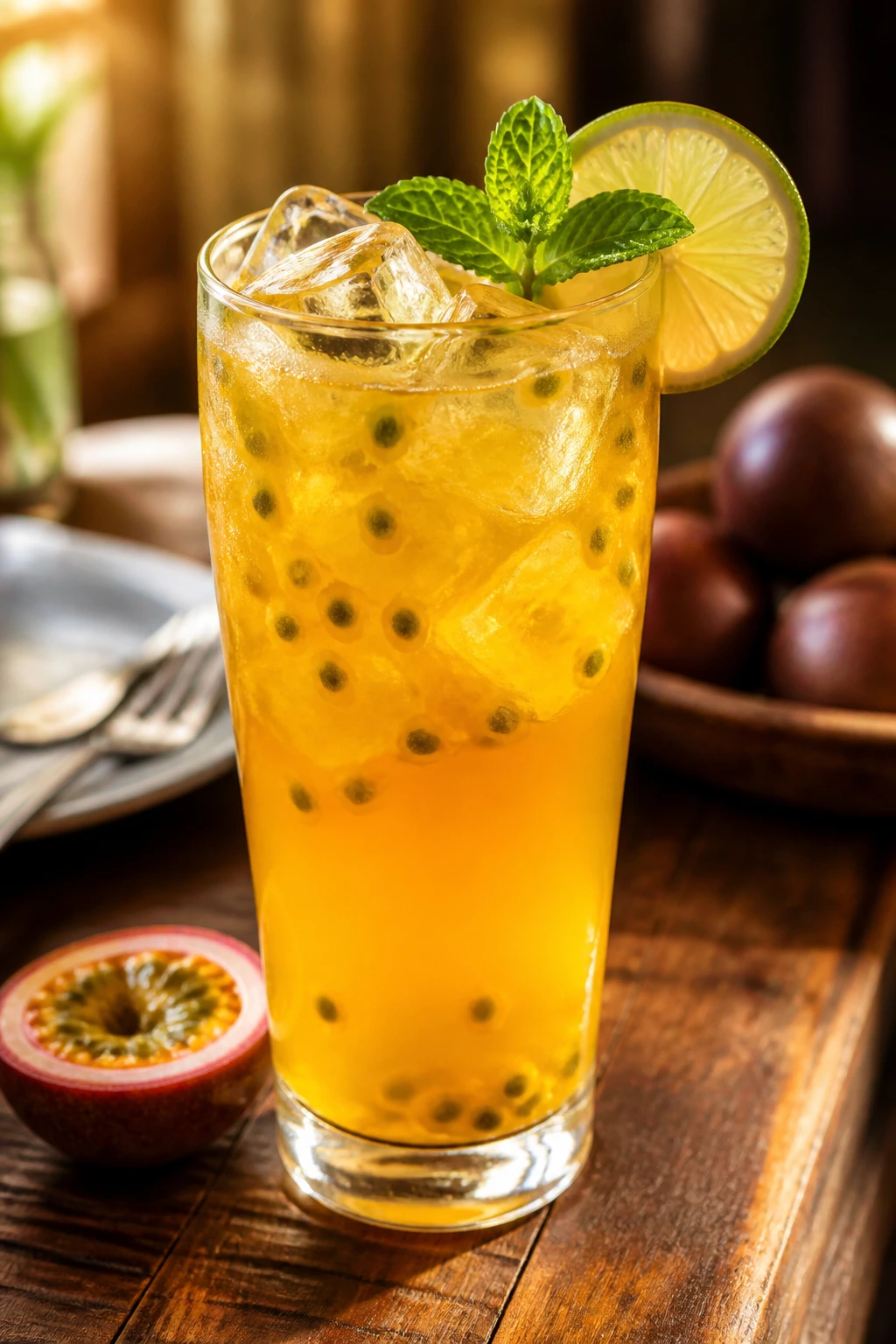Tall glass of passion fruit juice with lime and mint on a wooden table
