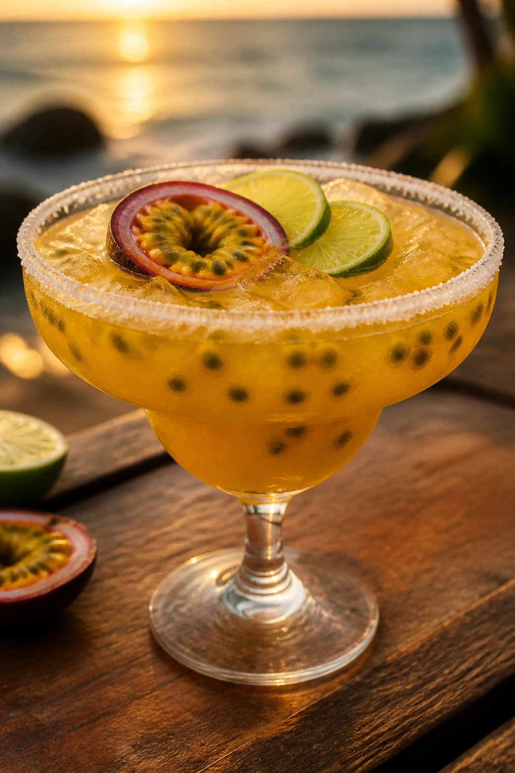 Salt-rimmed passion fruit margarita at a beachside bar